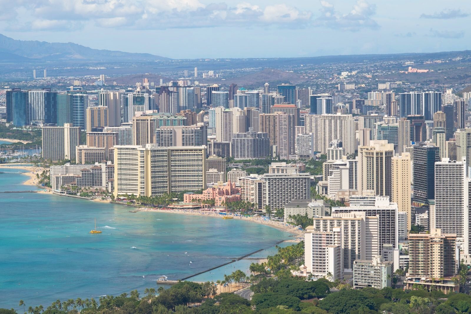 Waikiki skyline and shoreline seen from above.