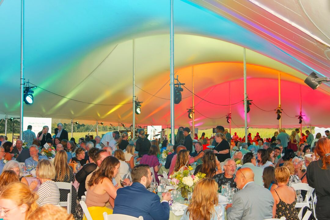 A packed tent reception under sweeping bands of colored light.