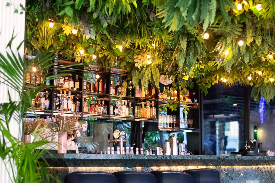 Hotel bar interior photographed before service.