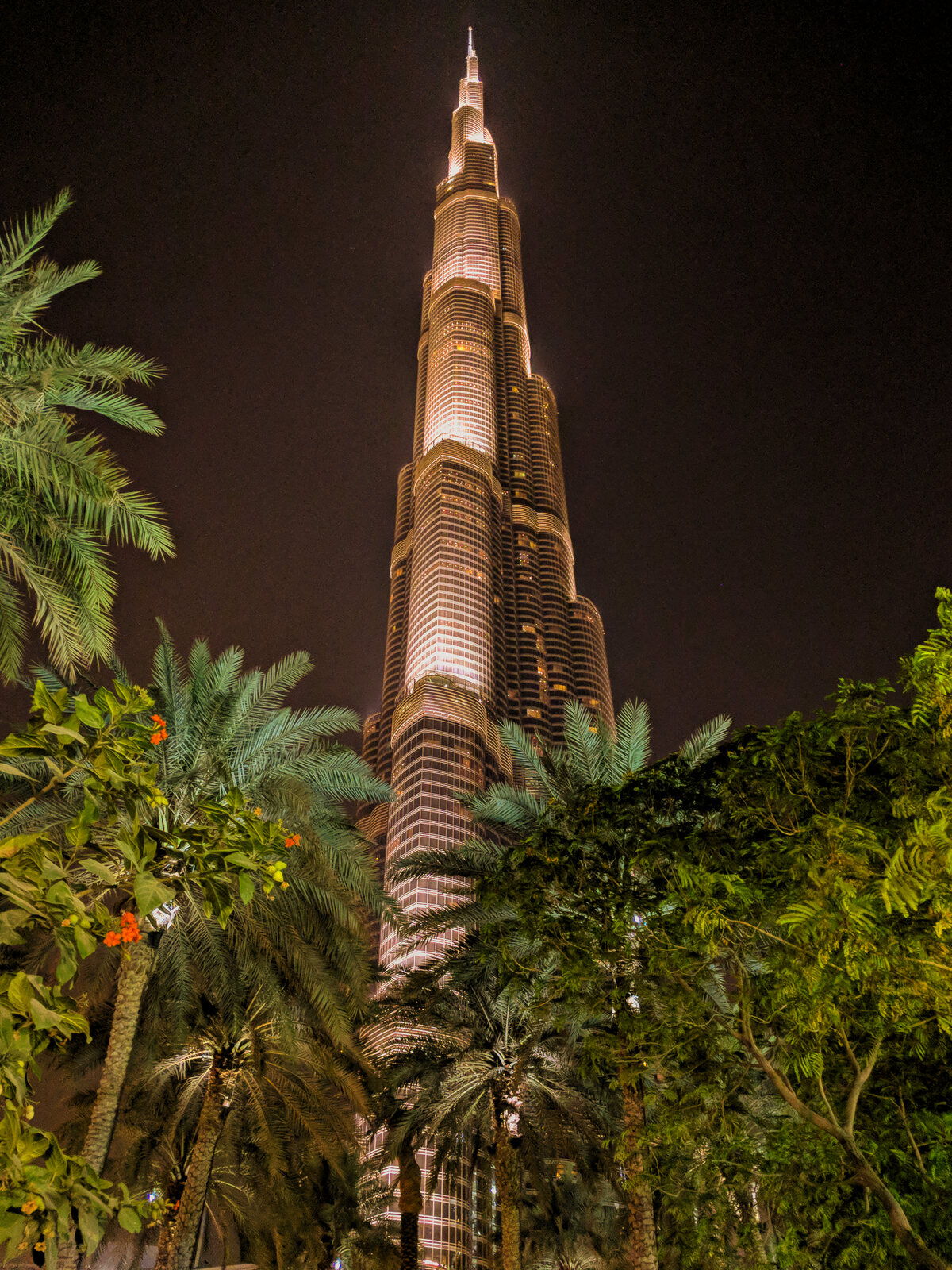 Burj Khalifa lit at night above palm trees in Dubai.